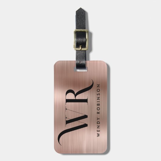 Étiquette À Bagage Élégant Rose Rose Or Métal Deux Monogrammes initia (Devant Vertical)