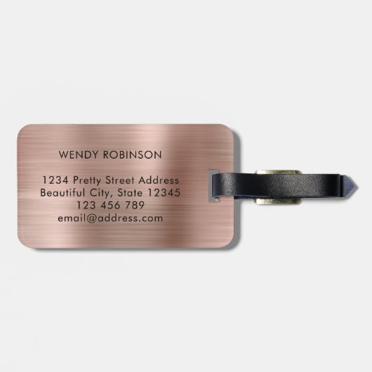 Étiquette À Bagage Élégant Rose Rose Or Métal Deux Monogrammes initia (Dos horizontal)