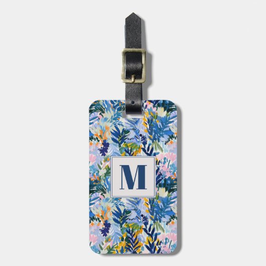 Étiquette À Bagage Élégant Royal Blue Abstrait Botanical Monogrammé (Devant Vertical)