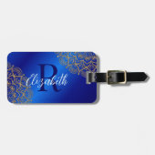 Étiquette À Bagage Elégant Royal Blue et or Mandala Monogrammé (Devant horizontal)