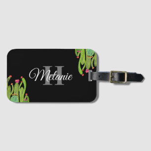 Étiquette À Bagage Élégant Script Black White Girly Floral Monogramme