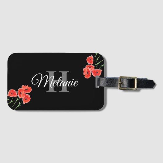 Étiquette À Bagage Élégant Script Black White Girly Floral Monogramme (Devant Horizontal)