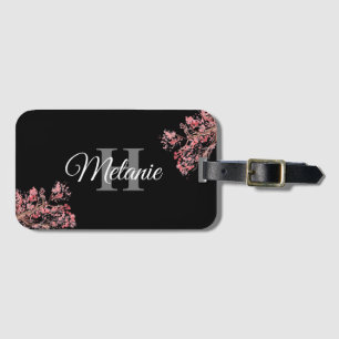 Étiquette À Bagage Élégant Script Black White Girly Floral Monogramme