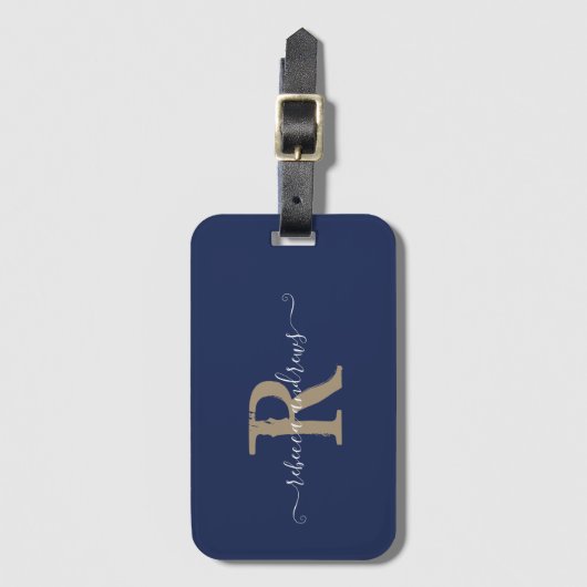 Étiquette À Bagage Élégant Script Marine Gold Monogramme Nom Voyage (Devant Vertical)