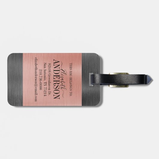 Étiquette À Bagage Élégant script métallique brossé Monogramme bagage (Dos horizontal)