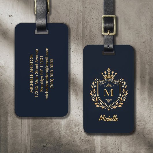 Étiquette À Bagage Élégant script Monogram Custom Luxury Black Gold