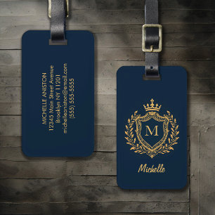 Étiquette À Bagage Élégant script Monogramme Personnalisé marine bleu