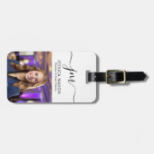 Étiquette À Bagage Elégant Script Monogramme Photo personnalisée Cont (Devant horizontal)