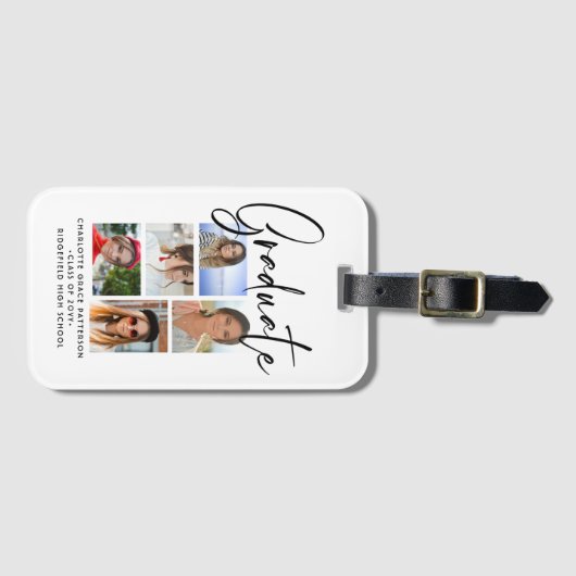 Étiquette À Bagage Élégant Script Multi Photo Graduate (Devant Horizontal)