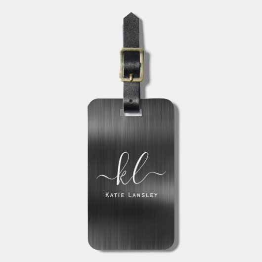 Étiquette À Bagage Élégant script personnalisé noir Faux métal (Devant Vertical)