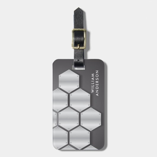Étiquette À Bagage Elegant Silver & Black plate metal hexagon (Devant Vertical)