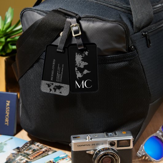 Étiquette À Bagage Elégant Silver Travel World Map Monogramme Nom (Recto & Verso)