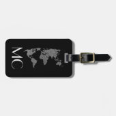 Étiquette À Bagage Elégant Silver Travel World Map Monogramme Nom (Devant horizontal)