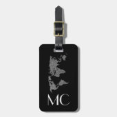 Étiquette À Bagage Elégant Silver Travel World Map Monogramme Nom (Devant Vertical)