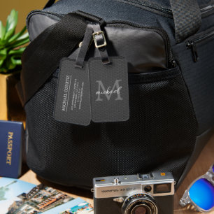 Étiquette À Bagage Elégant simple métal noir Monogrammed personnalise