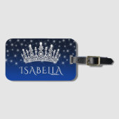 Étiquette À Bagage Elegant Sparkly Crown & Stars Royal Blue Monogram (Devant Horizontal)