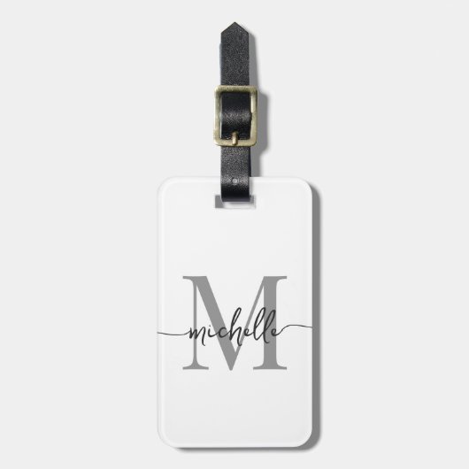 Étiquette À Bagage Élégant Style Blanc Gris Monogramme Initiale Scrip (Devant Vertical)