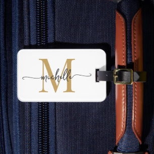 Étiquette À Bagage Élégant Style Blanc Or Monogramme Initiale Script