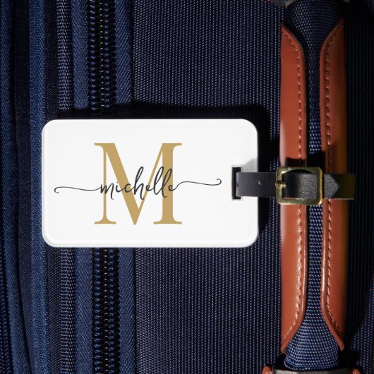 Étiquette À Bagage Élégant Style Blanc Or Monogramme Initiale Script (Insitu Rectoal 4)