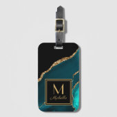 Étiquette À Bagage Élégant Turquoise Noir Monogramme Or Nom initial (Devant Vertical)