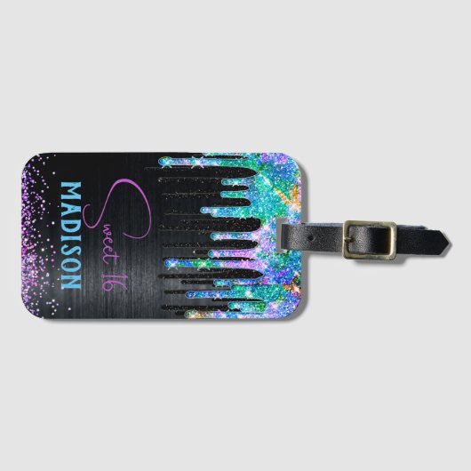 Étiquette À Bagage Élégant Turquoise noir Unicorn Drives monogramme (Devant Horizontal)