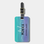 Étiquette À Bagage Élégant Turquoise violet brossé monogramme métalli (Devant Vertical)