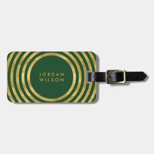 Étiquette À Bagage Elégant Vert & Faux Cercles Or Lignes géométriques (Devant horizontal)