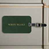 Étiquette À Bagage Élégant Vert foncé Cuir & Or Script Voyage