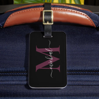Étiquette À Bagage Élégant Vin & Noir Monogramme Écriture Nom