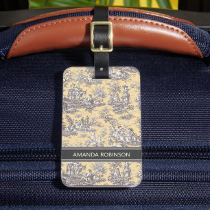 Étiquette À Bagage Elégant vintage jaune gris toile de jouy