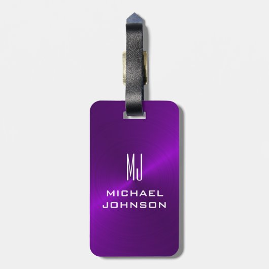 Étiquette À Bagage Élégant violet brossé monogramme métallique  (Dos Vertical)