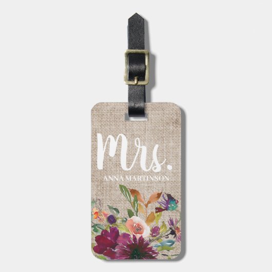 Étiquette À Bagage Élégant violet fleuri Monogramme Rustique lin beig (Devant Vertical)