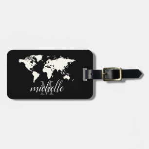 Étiquette À Bagage Elégant Voyage noir et blanc WorldMap, Avion