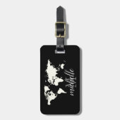 Étiquette À Bagage Elégant Voyage noir et blanc WorldMap, Avion (Devant Vertical)