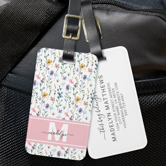 Étiquette À Bagage Elegant Watercolor Wildflower Monogram