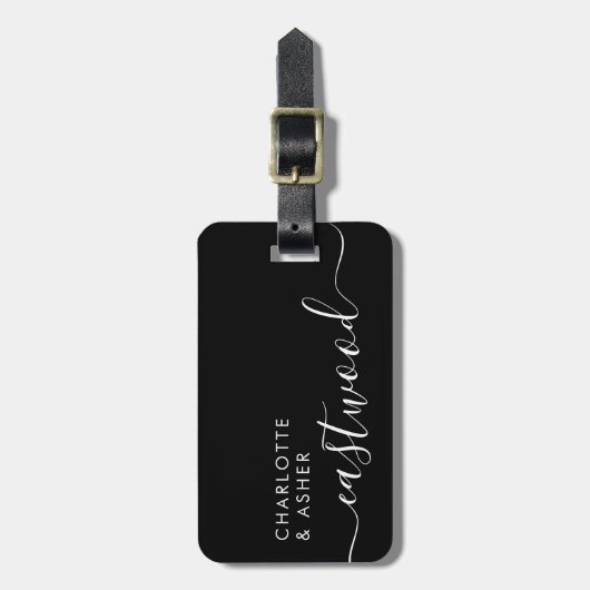 Étiquette À Bagage Elegant White On Black Monogram Script Name (Devant Vertical)