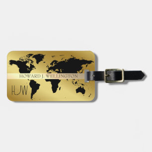 Étiquette À Bagage Elégant World Traveler Map Métal Monogramme Nom