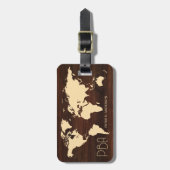 Étiquette À Bagage Elégant World Traveler Map Wood Monogramme Nom (Devant Vertical)