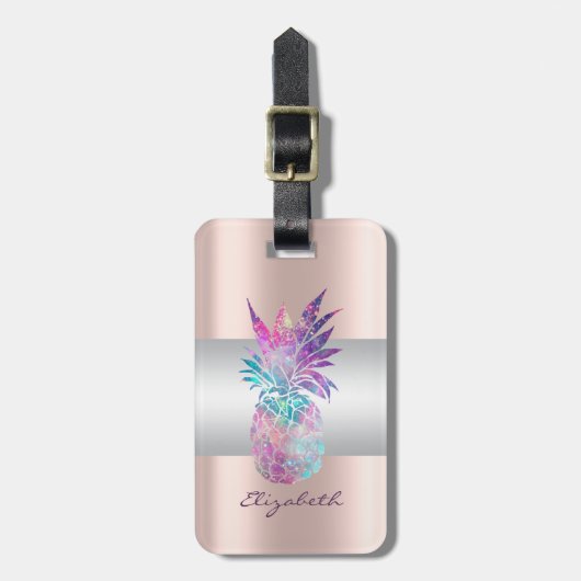 Étiquette À Bagage Élégante bande de fille, ananas Rose or (Devant Vertical)