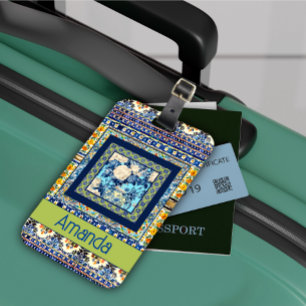 Étiquette À Bagage Élégante chine à carreaux bleu floral note monogra