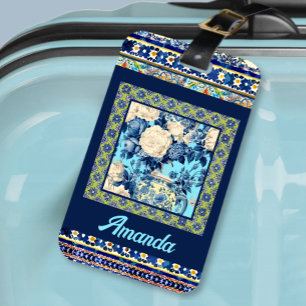 Étiquette À Bagage Élégante chinoiserie de tuile bleu floral monogram