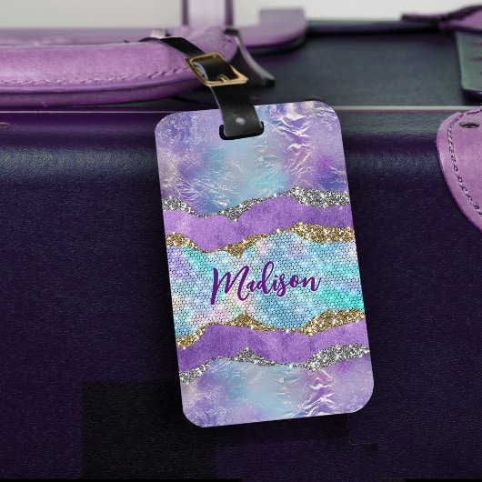 Étiquette À Bagage Élégante crème de sirène violet turquoise monogram
