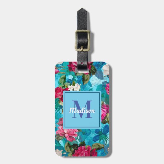 Étiquette À Bagage Élégante fleurs rose fleurie bleu motif (Devant Vertical)