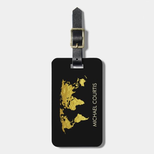 Étiquette À Bagage Elégante Gold Faux Travel World Map Personnalisée (Devant Vertical)