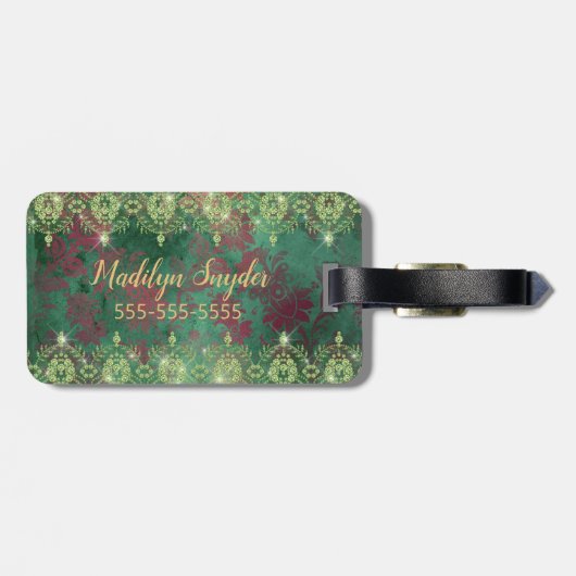 Étiquette À Bagage Elégante libellule d'or en vert avec des pavillons (Dos horizontal)