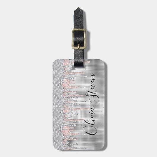Étiquette À Bagage Élégante parties scintillant à goutte d'argent mon (Devant Vertical)