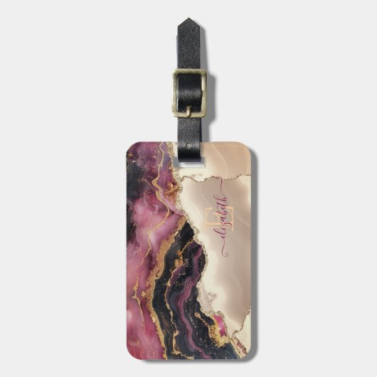 Étiquette À Bagage Élégante Parties scintillant or Monogramme en marb (Devant Vertical)