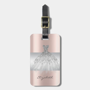 Étiquette À Bagage Élégante rayure girly, robe argentée sur fond or r