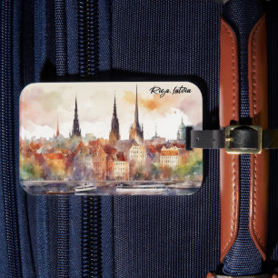 Étiquette À Bagage Elégante Riga Lettonie Aquarelle Ville Vue