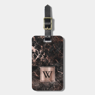 Étiquette À Bagage Élégante Rose Gold Noir Marbre Monogramme Vertical